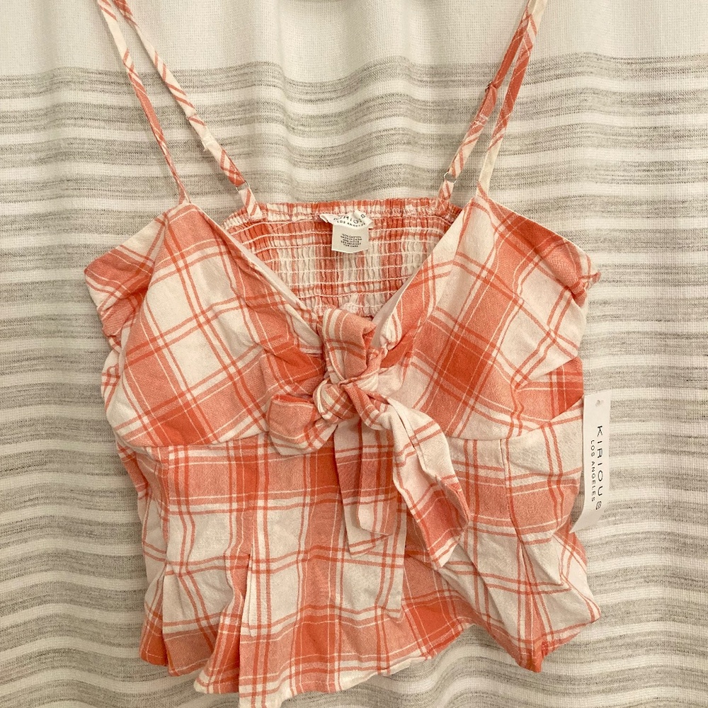 Kirious Coral Plaid Crop Top S/M NWT